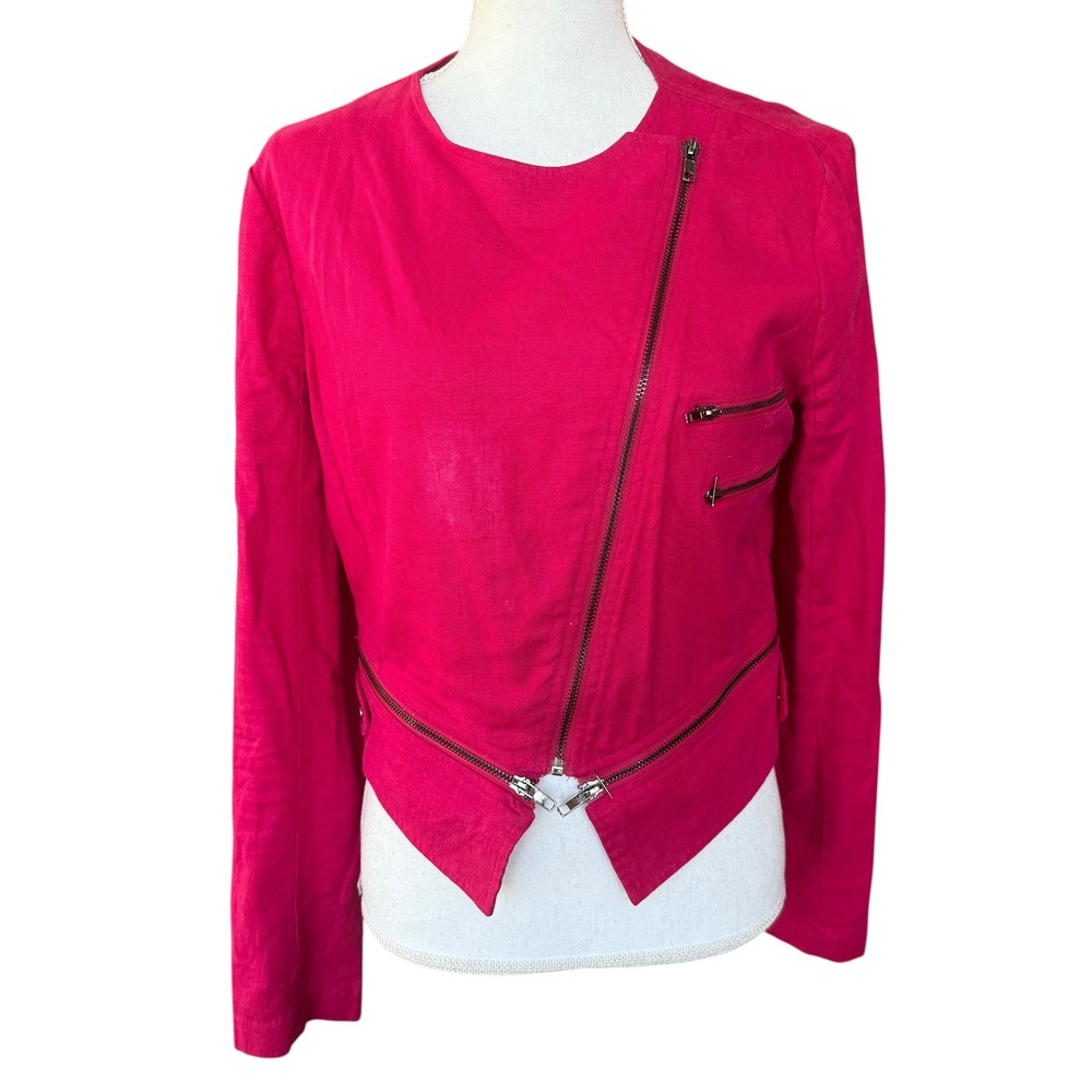 Nikibiki Pink Linen Blend Moto Jacket Asymmetrical Zip Cropped J7182 Womens L